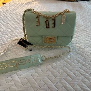 Bebe Light Green Quilted Mini Bag with Gold Chain